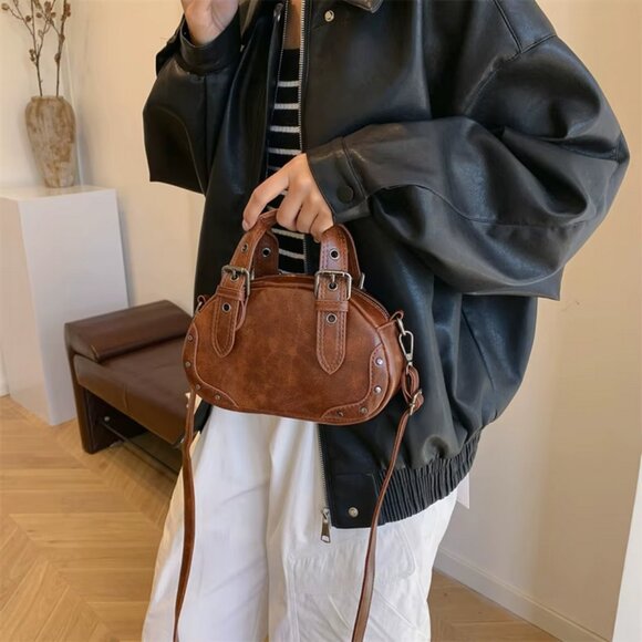 Retro PU Leather Rivet Crossbody Top Handle Mini Saddle Bag 3 Colors - Picture 10 of 16